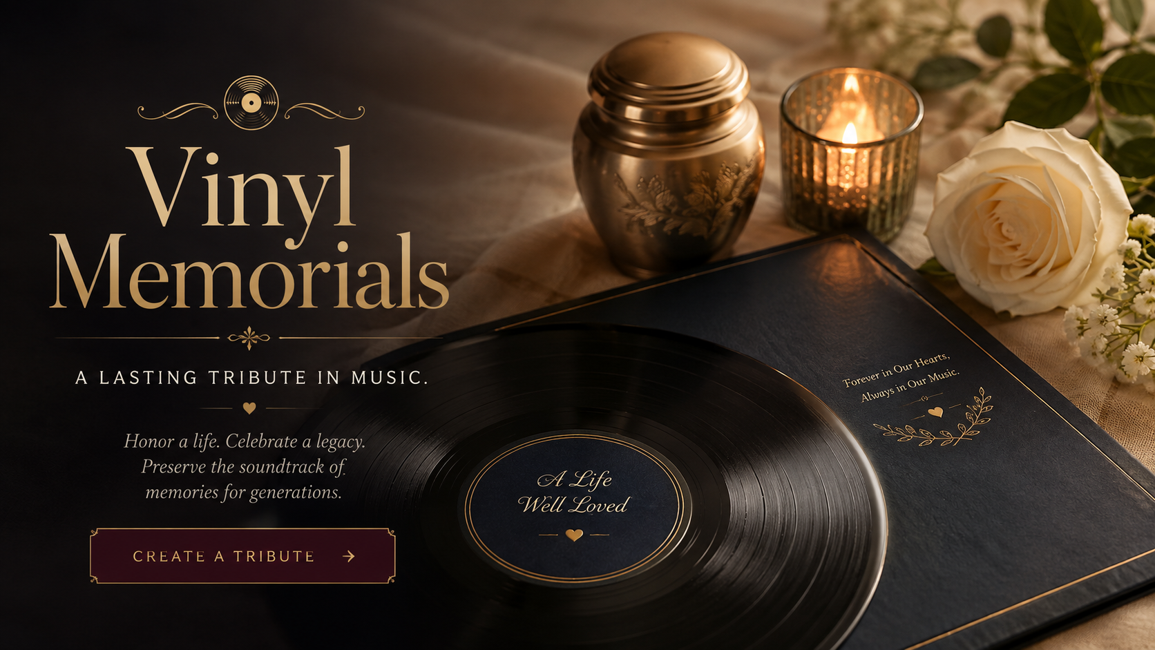 Vinyl Memorials heirloom record, candle, rose, and memorial keepsake